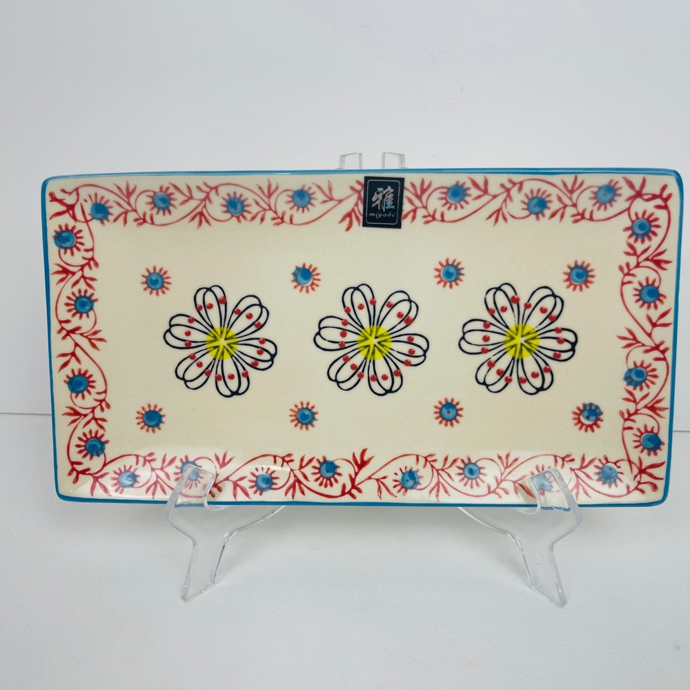 Yokohama Studio Serving Tray Miyabi Floral Cream Blue Red Ceramic Platter EX